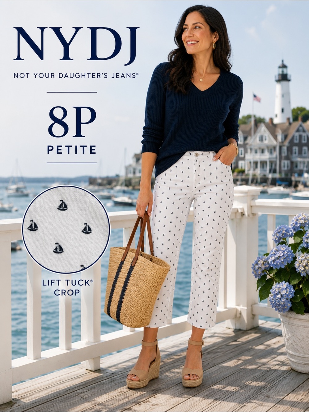 NYDJ Lift Tuck Crop Pants 8P White Navy Sailboat Print Made USA